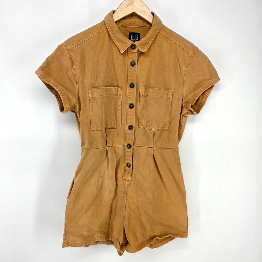 BDG Romper Women Medium Brown Short Sleeve Utility Twill Button Front Jumpsuit